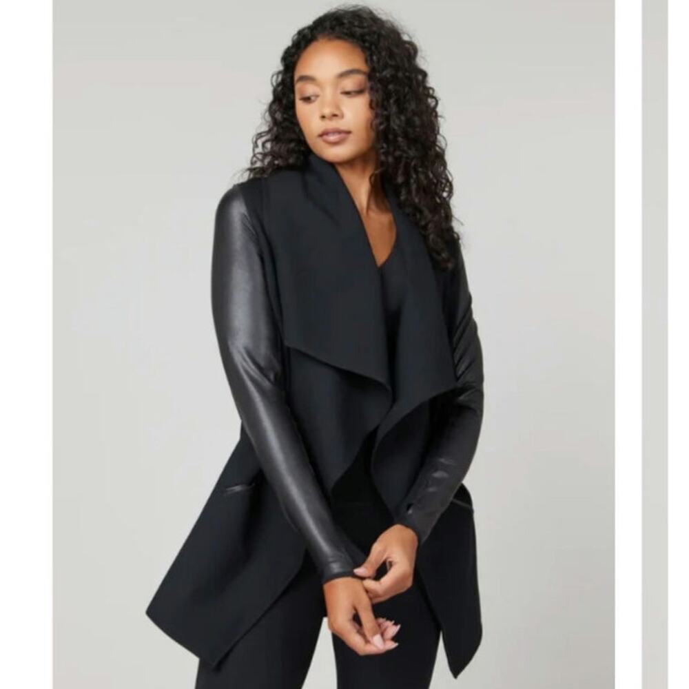 Spanx Black Drape Front‎ Faux Leather Women's Jacket Size: XS